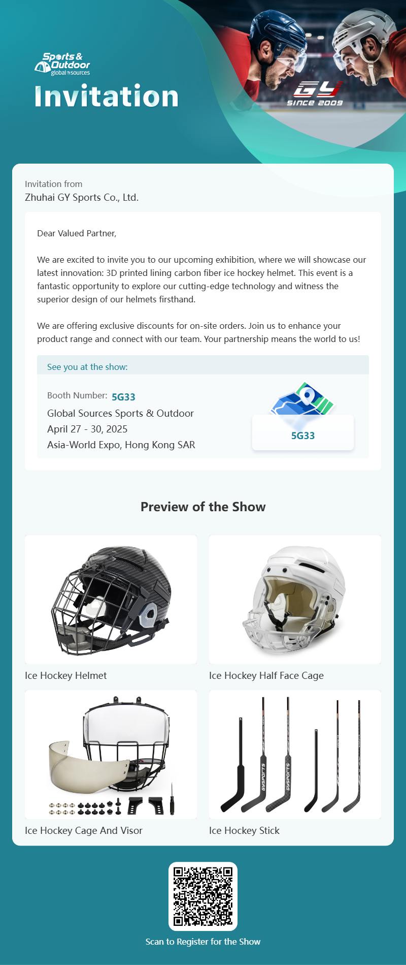 GY Global Sources Sports & Outdoor, 27 a 30 de abril de 2025, Asia-World Expo, Hong Kong SAR, número do estande. 5G33